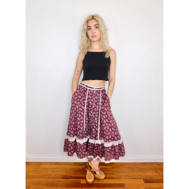 Gunne Sax Skirt // vintage 70s cotton floral boho midi dress high waist hippie country dress maroon cottage core prairie // XS X-Small 
