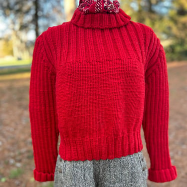 1940s Handknit Deep Red Cropped Turtle Neck Sweater - Luxuriously Thick Wool for Winter Chic 
