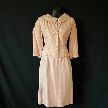 1950s pink silk suit classy mid century silk blend jacket and skirt set small 
