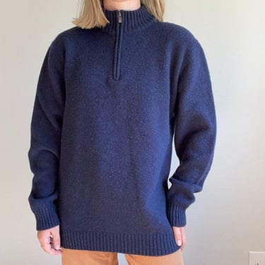 LL Bean Mens Navy Blue Shetland Wool Quarter Zip Elbow Patch Sweater Sz XL 