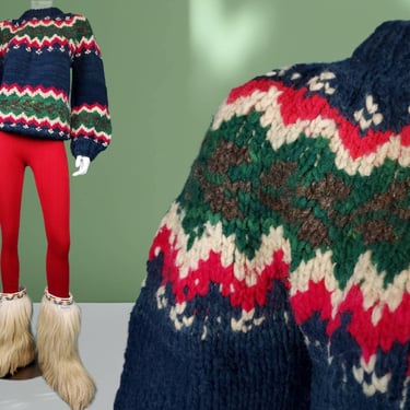 Handknit wool pullover 70s Inca artisan sweater from Ecuador. Chunky extremely warm mod ski cabin lodge aprés ski twiggy. (S/M/L) 