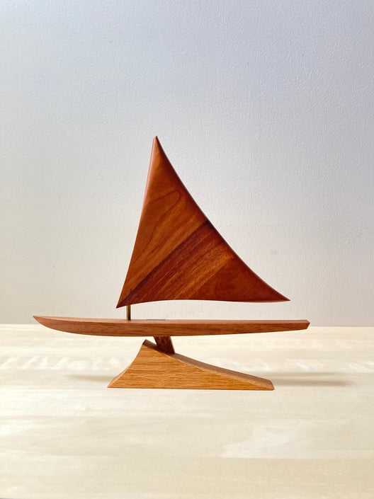 teak wood sailboat sculpture midcentury modern style 