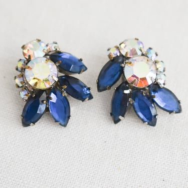 1950s/60s Blue and AB Rhinestone Clip Earrings 
