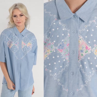Floral Chambray Shirt 90s Blue Polka Dot Button Up Blouse Patchwork Print Short Sleeve Top Retro Spring Grandma Kawaii Vintage 1990s Large L 