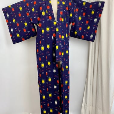 Vintage Japanese Kimono - Deep Blue with Vivid Red & Yellow Squares - Cotton/Linen Blend - Full Length - Medium to Large 