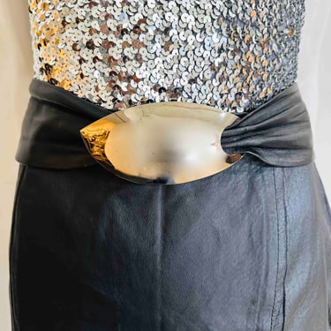 Vintage Black Leather Belt w/Sculptural Silver Buckle