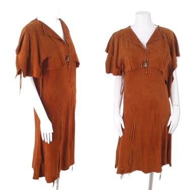 70s custom suede patchwork dress, vintage 1970s brown whip stitch Woodstock era suede tunic, 70s suede top S-M 