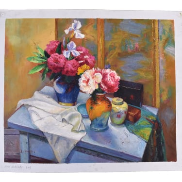 Impressionist Oil Painting Three Quarters Overhead View of Tabletop Still Life 