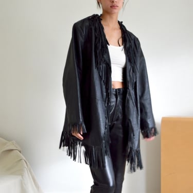 fringed black leather oversized jacket / plus size vintage 