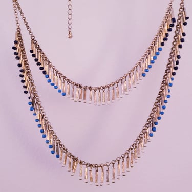 Silver Blue White fringe adjustable necklace Boho Retro jewelry 