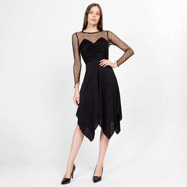 XS 70s Witchy Black Sheer Illusion Hanky Hem Dress | Vintage Sweetheart Neck Polka Dot Long Sleeve Gothic Halloween Party Dress 