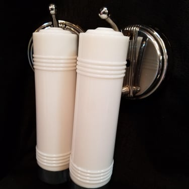 Art Deco Chrome Sconces with Cylindrical Milk Glass Shades Set of 2