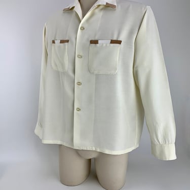 1950's Rayon Shirt - PENNEY'S TOWNCRAFT - Pale Yellow with Two Tone Pocket & Collar Detail - Patch Pockets - Loop Collar - Size Large 