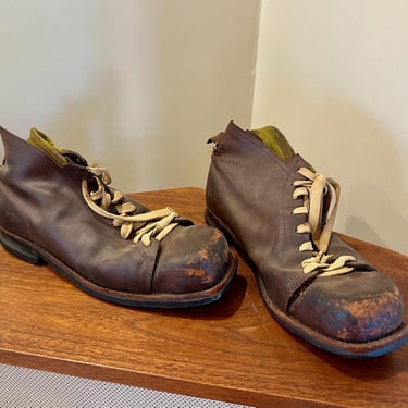 Vintage Antique Alpine LEATHER SKI BOOTS Hiking Brown 1940’s - Free Shipping 