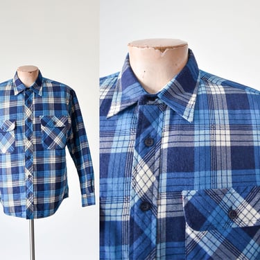Vintage Cotton Plaid Flannel Shirt / 1980s Menswear Shirt / Vintage Quilted Cotton Shirt / Vintage Mens Outerwear / Blue Plaid Flannel 
