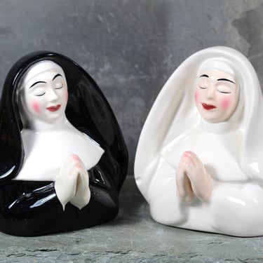 Vintage Ceramic Nun Salt & Pepper Shakers in Black and White Veils | Catholic Nun Collectible | Circa 1990s 