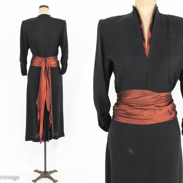 1940s Black Crepe & Copper Sash Evening Dress | 40s Black Cocktail Dress | Old Hollywood | Medium 