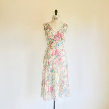 Vintage Diane Von Furstenberg Pink and Blue Rose Floral Silk Chiffon Fit and Flare Dress Spring Summer Garden Party 1950's Style Size 8-10 