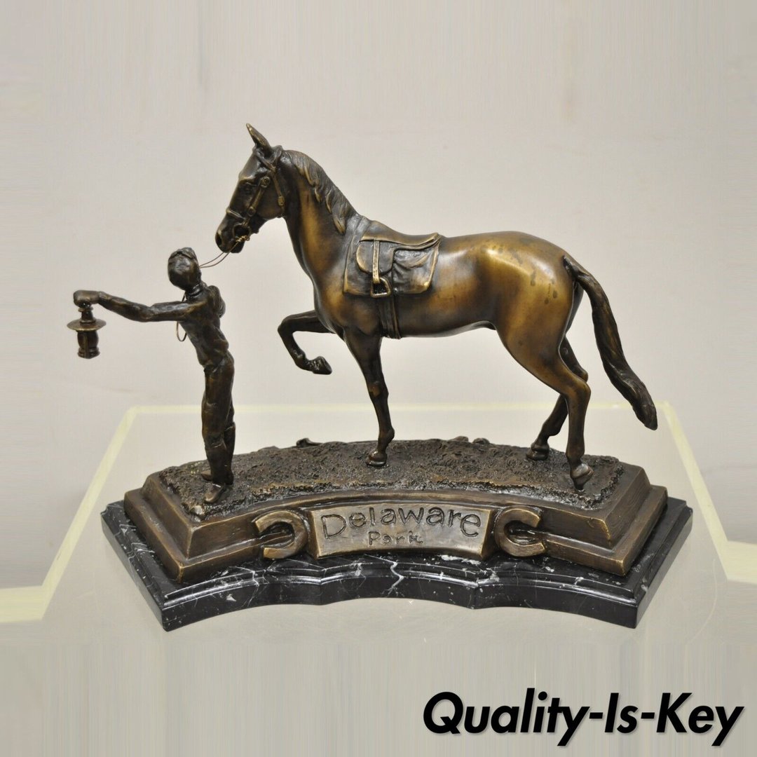 Delaware Park Bronze Equestrian Rider Jockey Leading Race Horse Lantern