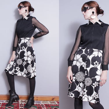 Vintage 1960's | Mid Century | Black & White | Floral | Mod | Dress | S/M 