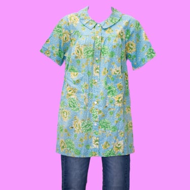 Vintage 1960s Smock Top | 60s Floral Blue and Yellow Blouse | Medium | 11 