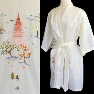 Vintage 80s Embroidered Rayon Blend Wrap Robe, Kimono Sleeves, Cream Knee Length Dressing Gown, New with Tags, NWT, Size M L, Medium Large 