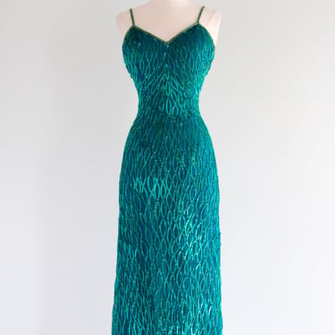 Vintage 1980's Emerald Sequin Gown by Laurence Kazar / S