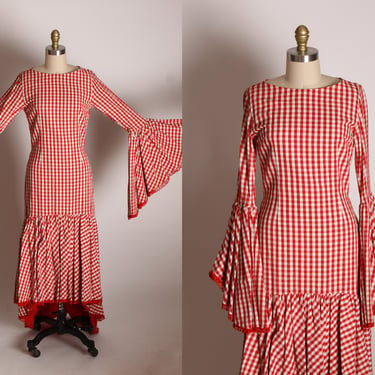 Early 1960s Red White Gingham Long Angel Sleeve Ankle Length Flamenco Style Spanish Cottagecore Prairie Dress by Tachi Castillo -XS 