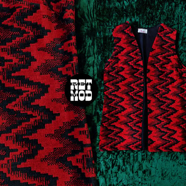 STUNNING Vintage 70s Red Black Psychedelic Chevron Patterned Carpet Hippie Vest 