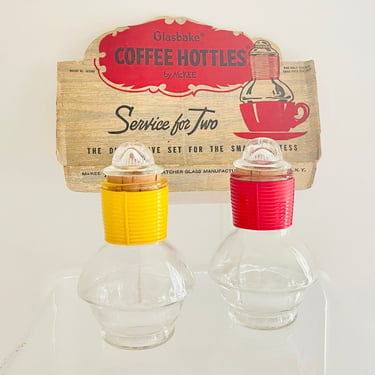 Vintage 1960s Mid Century Modern Glasbake McKee Coffee Hottles Glass Carafe Cork Jars Set 
