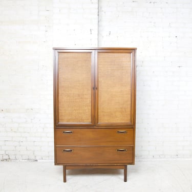 Vintage MCM tallboy dresser / wardrobe with caned doors and formica top | Free delivery in NYC and Hudson Valley areas 