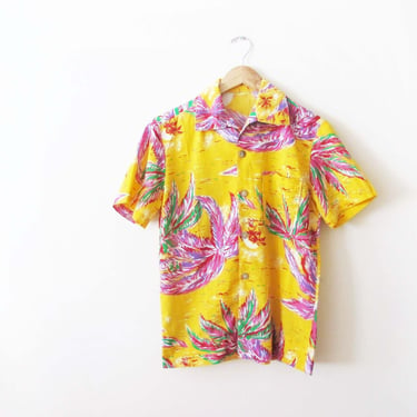 Vintage 70s Hawaiian Shirt M L - 1970s Yellow Pink Cotton Tropical Button Up Shirt - Tiki Vacation Clothing 