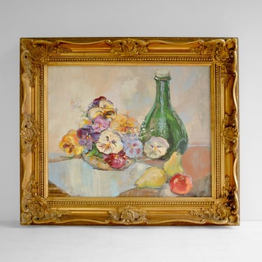 Vintage Still Life Oil Painting of Flowers and Fruit in a Gilded Frame 