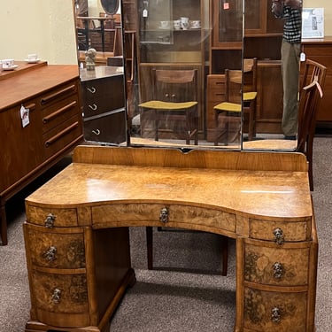 Item #AC25 Burl Walnut Tri-Fold Mirror Vanity Table c.1930