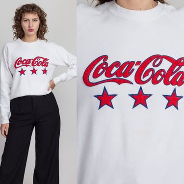 80s 90s White Coca Cola Sweatshirt - Men's Medium, Women's Large | Vintage Rare Puffy Graphic Raglan Sleeve Pullover 