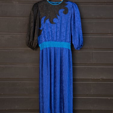 Vintage 80's Diane Freis Dress / 1980s Designer Silky Brocade Color Block Boho Gypsy Dress /  Balloon Sleeve Pleated Midi Dress 