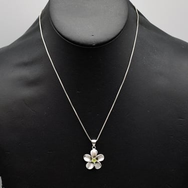 80's sterling prasiolite frangipani floral pendant, matte & polished E 925 silver green quartz plumeria necklace 