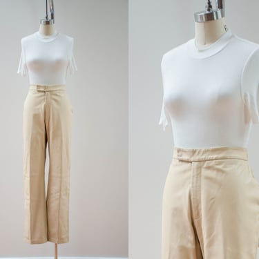 cream leather pants | 90s y2k vintage Margaret Godfrey pearly ivory beige high waisted dark academia bootcut bell bottom leather trousers 