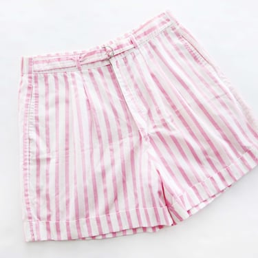 Vintage 80s Pink Stripe Preppy Shorts L 30 to 32 Waist - 1980s Pink White Striped Cotton High Waist Casual Shorts 