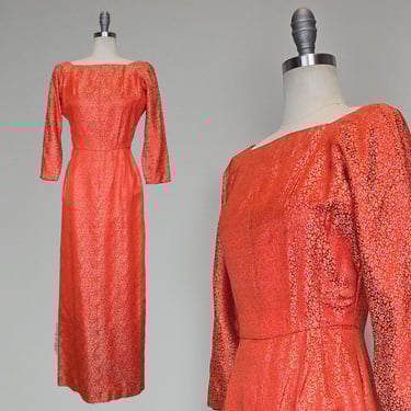 1960s Gown / Silk Brocade Dress / 1960s Floral Gown / Silk Jacquard Gown / Orange Evening Dress / Size Small 