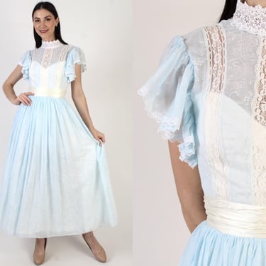 Blue Jessica McClintock Dress, Edwardian Prairie Maxi, Gunne Sax Prom Gown, 80s Victorian Style 