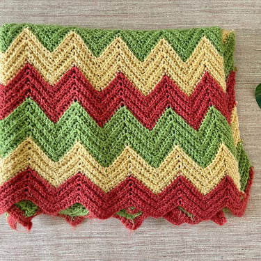 Vintage Throw Blanket - Chevron Kint Throw - Green Mustard Rust Zigzag Stripe Crocheted Throw - Hand Knit Throw - Vintage Afghan Throw 