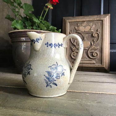 19th C French Faïence Jug, Rustic Pottery, Blue and White Floral Pitcher, French Farmhouse Cuisine 