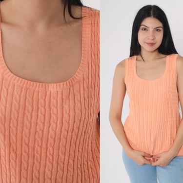 90s Cable Knit Vest Peach Sweater Top Sleeveless Sweater 1990s Sleeveless Pullover Vintage Cableknit Scoop Neck Small 