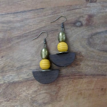 Bold yellow wooden geometric earrings 