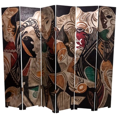 Four Panel Picasso Style Painted and Decorated Screen