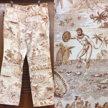 Vintage 1960’s Hawaiian Print Denim Jean w35, Island Print, Indigenous Hawaii, Pineapple Pants, Vintage Clothing 