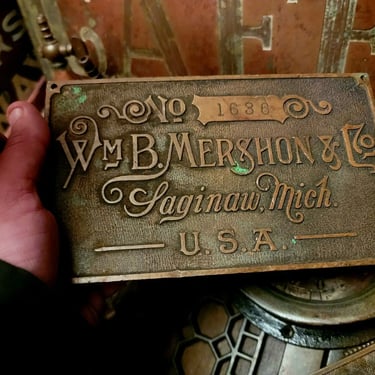 Antique Industrial Sawmill Machinery Brass Nameplate C1895 William Butts Mershon
