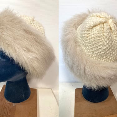 Vintage 80s Faux Fur Brim Knit Winter Beanie Hat Made In USA 