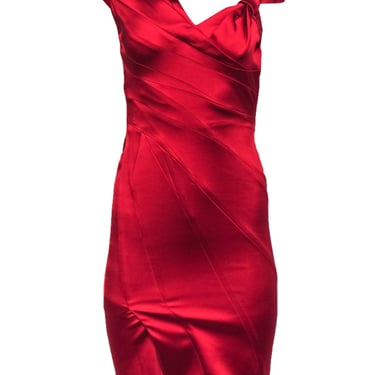 Karen Millen - Red Satin Pleated Neckline Sheath Dress w/ Bow Accent Sz 4